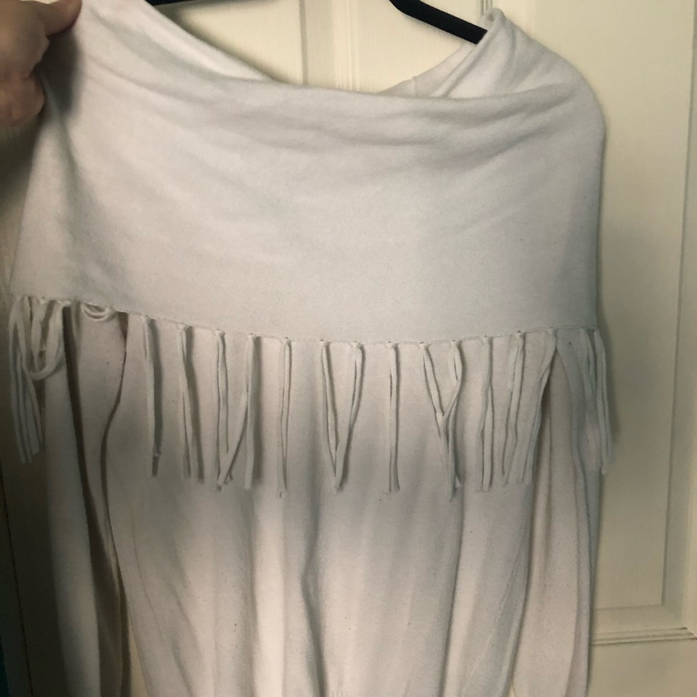 Long sleeve off the shoulder fringe sweater